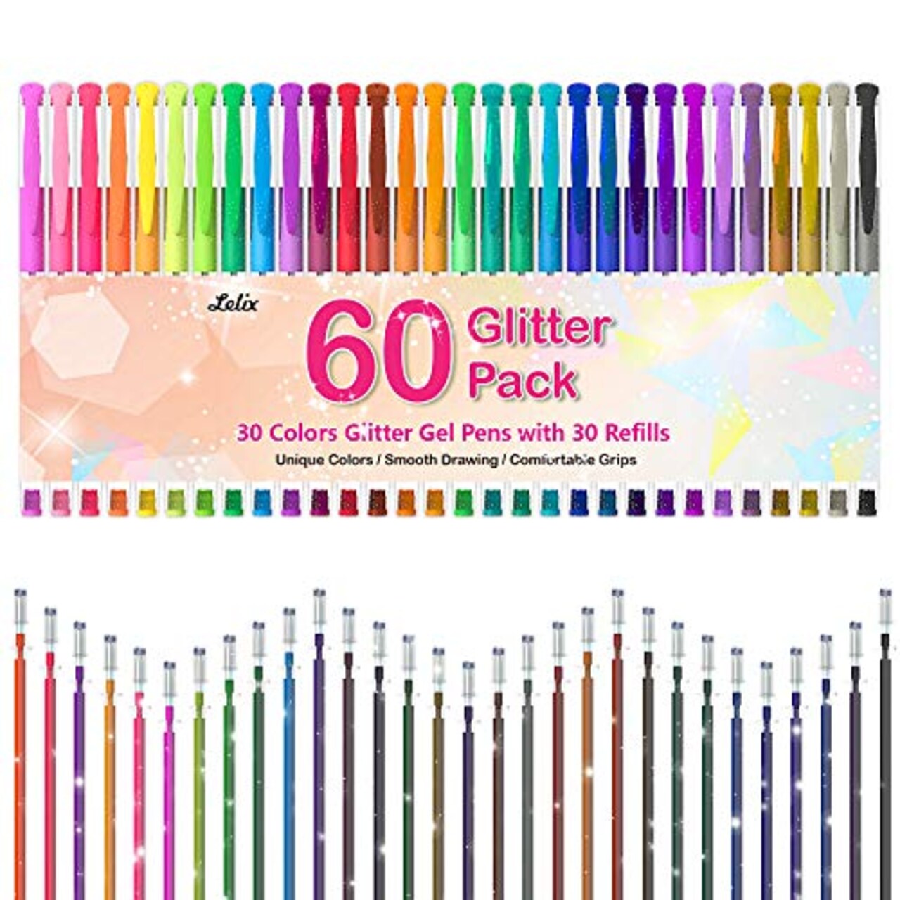 Glitter Gel Pens, Lelix 60 Pack Glitter Gel Pen Set, 30 Glitter Colors with  30 Refills for Kids Adult Coloring Books, Drawing, Doodling, Crafting,  Journaling, Scrapbooking
